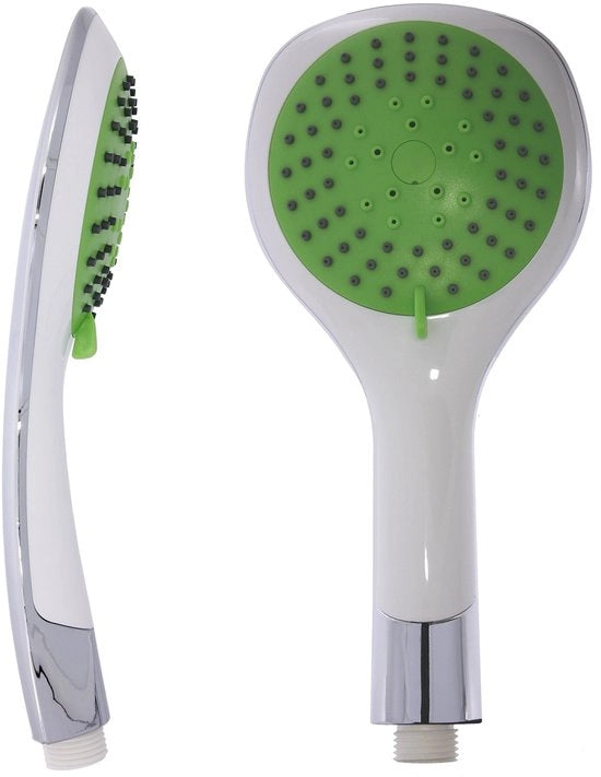Maniglione doccia con 5 tipi di getto anticalcare in acciaio inox con finitura argento e verde.