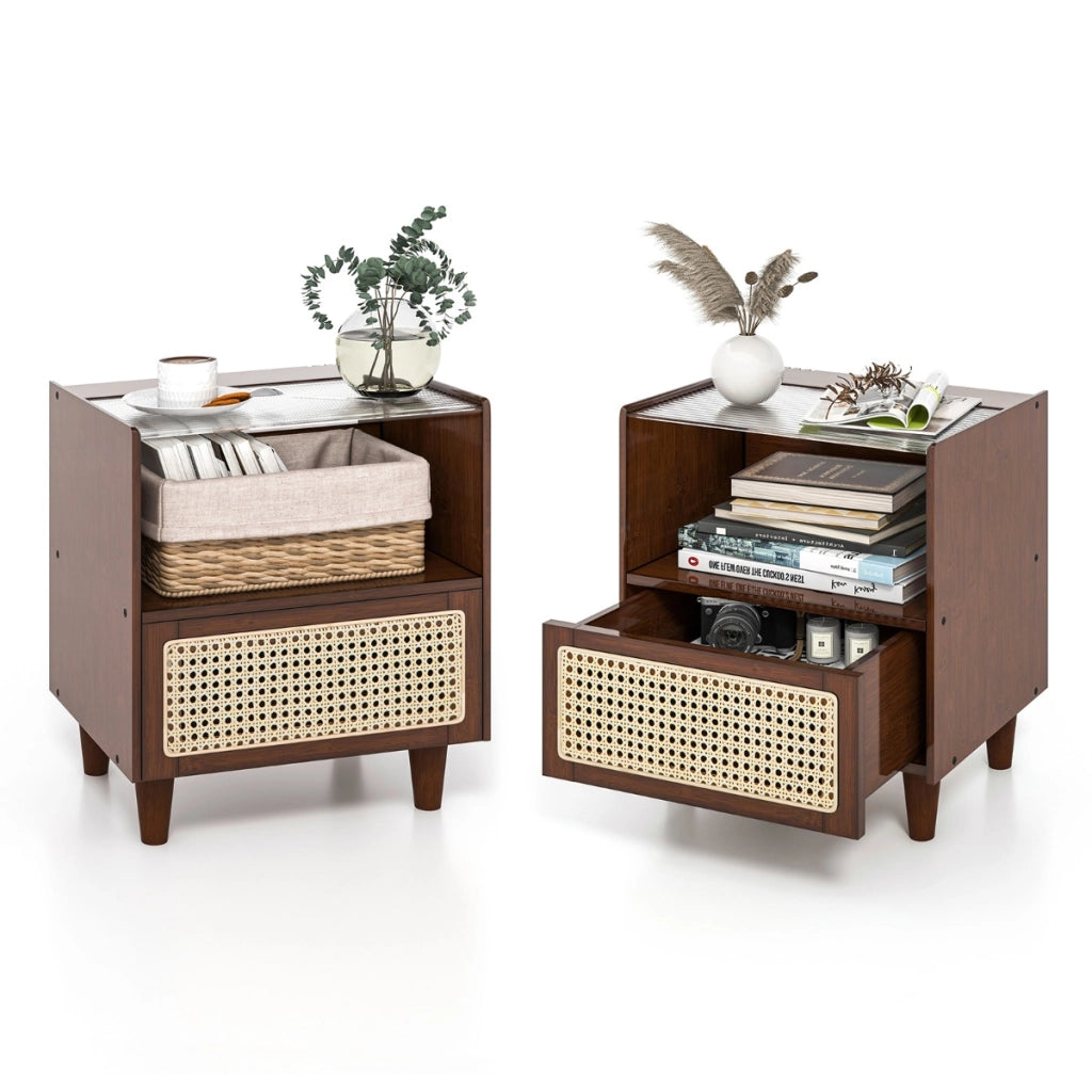 Comodino in bamb¨´ e rattan con cassetto e gambe in legno massello, Tavolino da salotto boho 43x35x50cm Marrone 2 Pezzi-Comodini