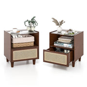 Comodino in bamb¨´ e rattan con cassetto e gambe in legno massello, Tavolino da salotto boho 43x35x50cm Marrone 2 Pezzi-Comodini