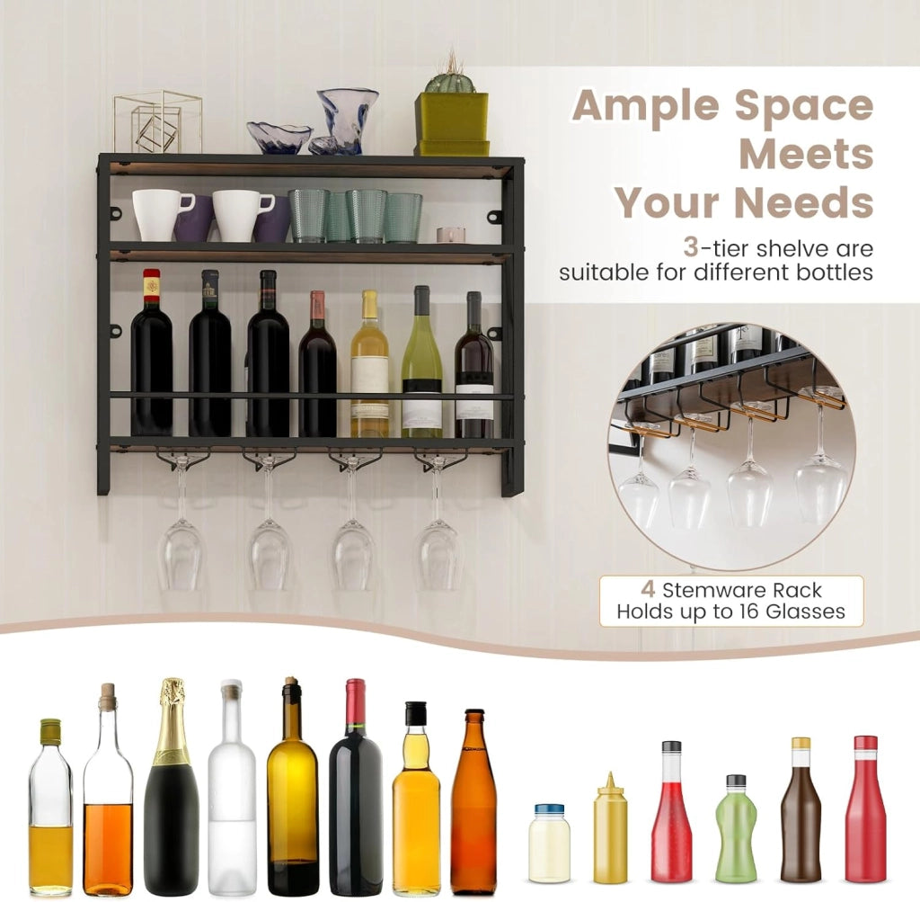 Scaffale per Vino da Parete, Portabottiglie a 3 Livelli, Portabottiglie da Vino con Supporto in Vetro, per Cucina, Casa, 80x20x63 cm