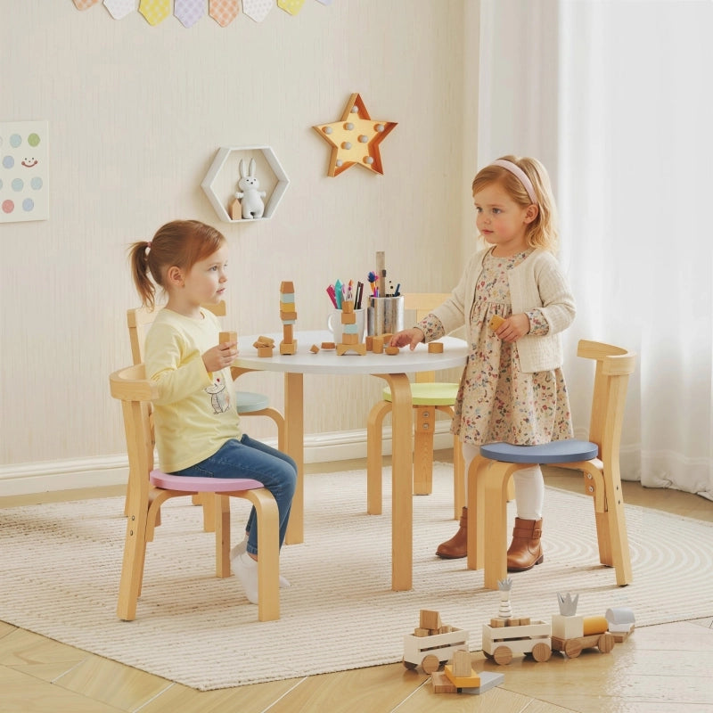 Set tavolo e 4 sedie per bambini in legno, multicolore, con bordi arrotondati