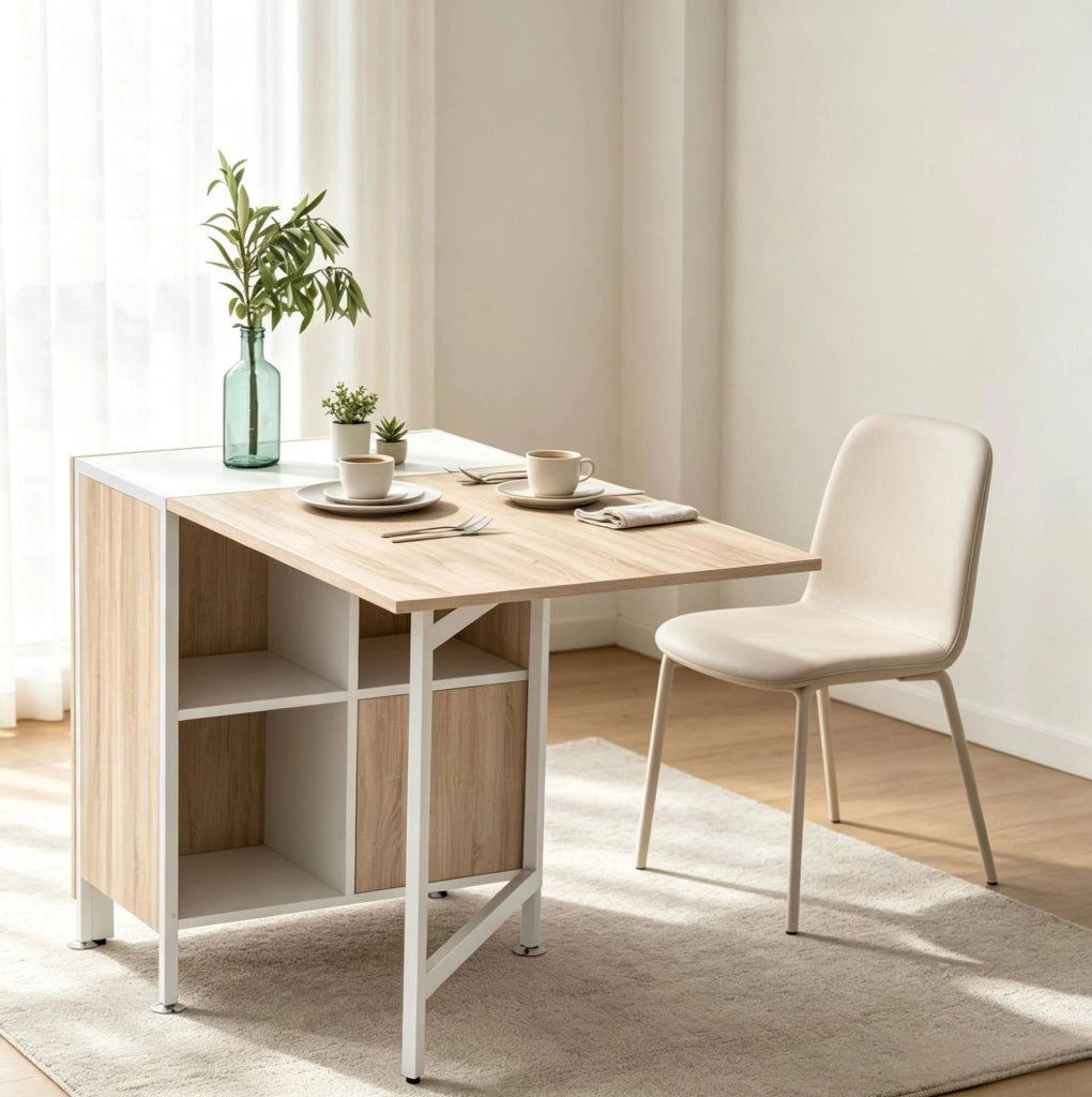 Tavolo pieghevole allungabile con 4 vani contenitore; 170x60 cm; bianco e rovere chiaro