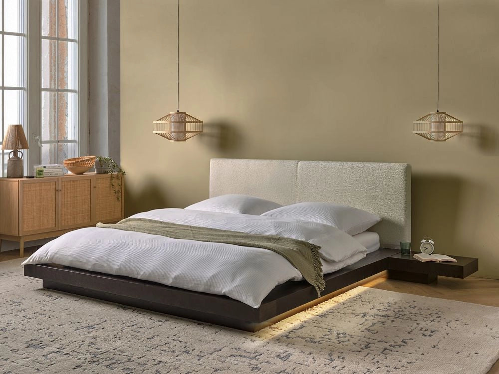Letto LED in stile giapponese in frassino scuro 160 x 200 cm testata in legno impiallacciato bouclé camera da letto a basso profilo