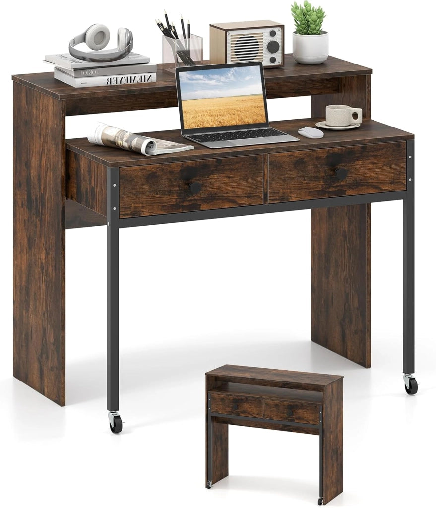 Scrivania per Computer, Tavolo Salvaspazio Retrattile con Cassetti e Ruote Universali Bloccabili, 100 x 63 x 88 cm, Desk Gaming per Ufficio, Soggiorno e Camera da Letto (Marrone)