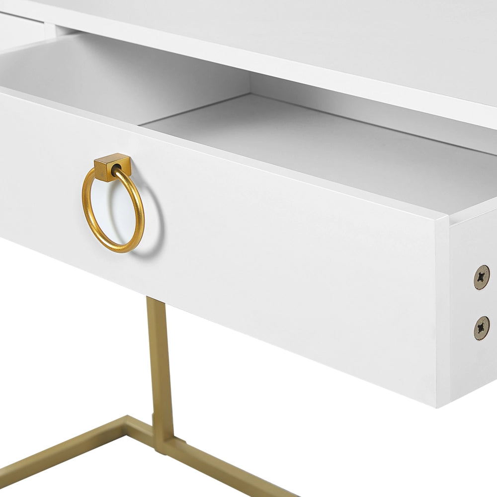 Consolle Bianco 2 Cassetti con Maniglie ad Anello Base in Metallo Dorato smart working Tavolo da Salotto Comò Camera da Letto Glam