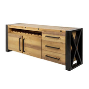 Buffet CAVARA 195 cm – Pino massiccio marrone vintage e metallo nero – 2 porte, 3 cassetti e portabottiglie