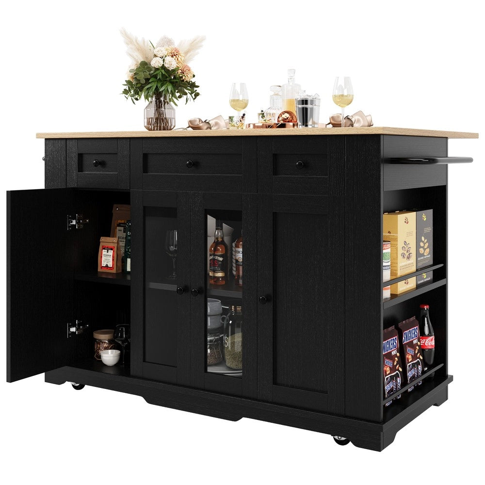 Isola Cucina con Ripiani e Vetro Temperato ¨C Xylo ¨C Nero, Effetto Legno