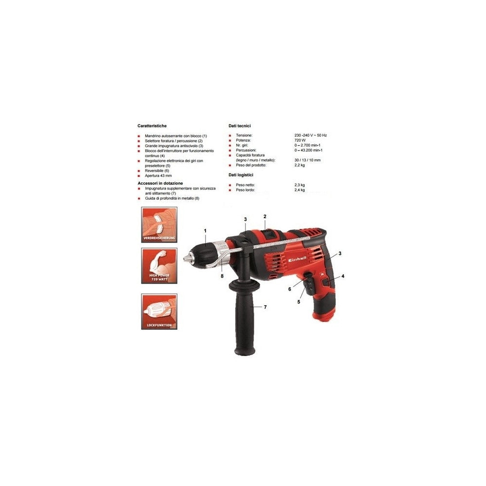 Trade Shop - Trapano A Percussione Einhell Th-id 720/1 E Motore 720 W Mandrino 13 Mm -