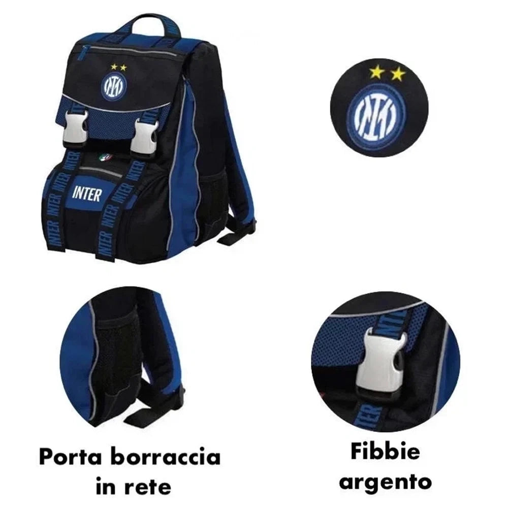 Trade Shop - Zaino Sdoppiabile Big Inter Scuola Con Tasca Frontale Laterale In Rete Porta Borraccia -
