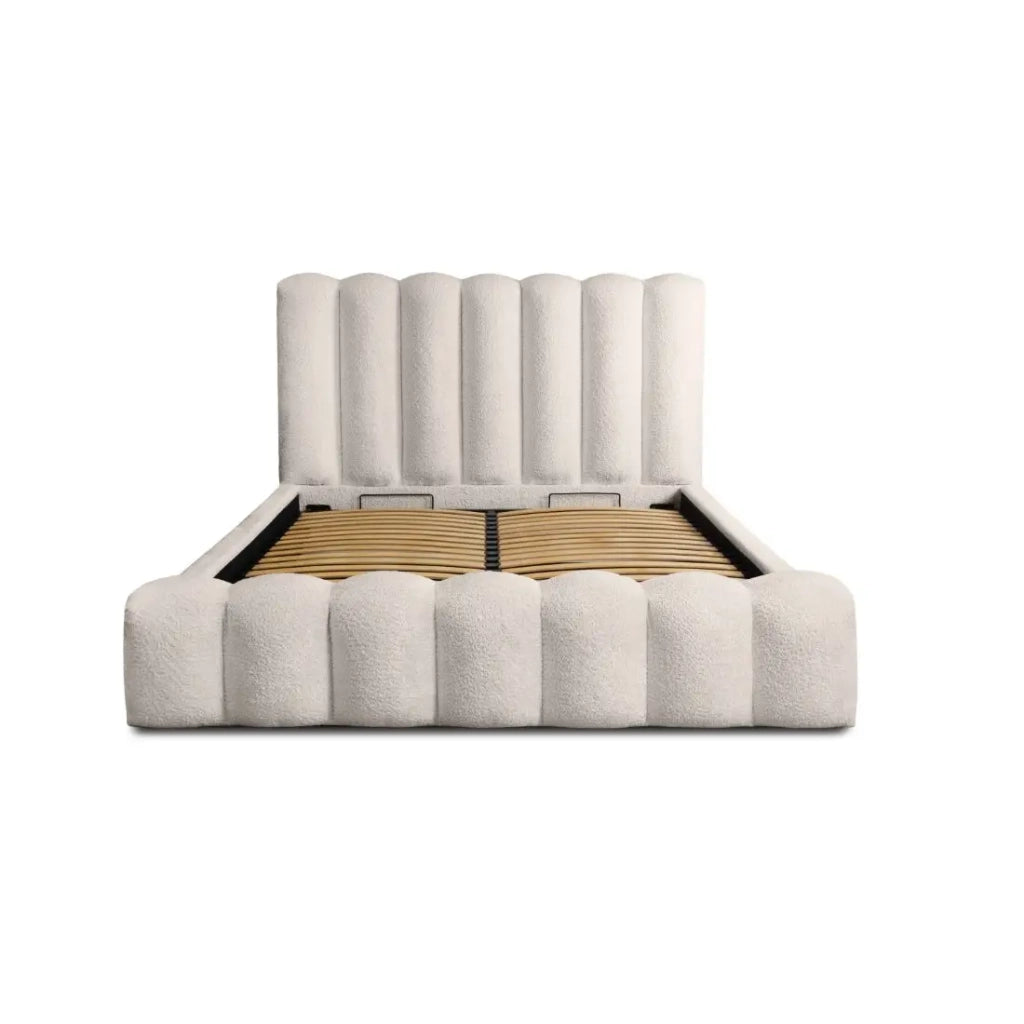 Letto contenitore BADJA – Tessuto bouclé Avorio rosato – 180x200 cm – Rete sollevabile – Design di alta gamma