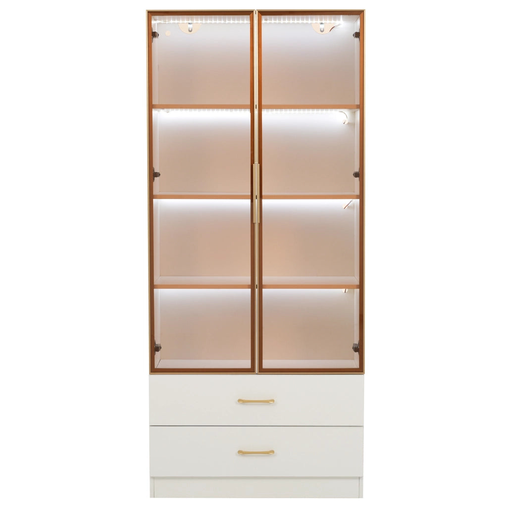 Mobile bagno alto in MDF bianco con vani aperti; ante e vetro temperato