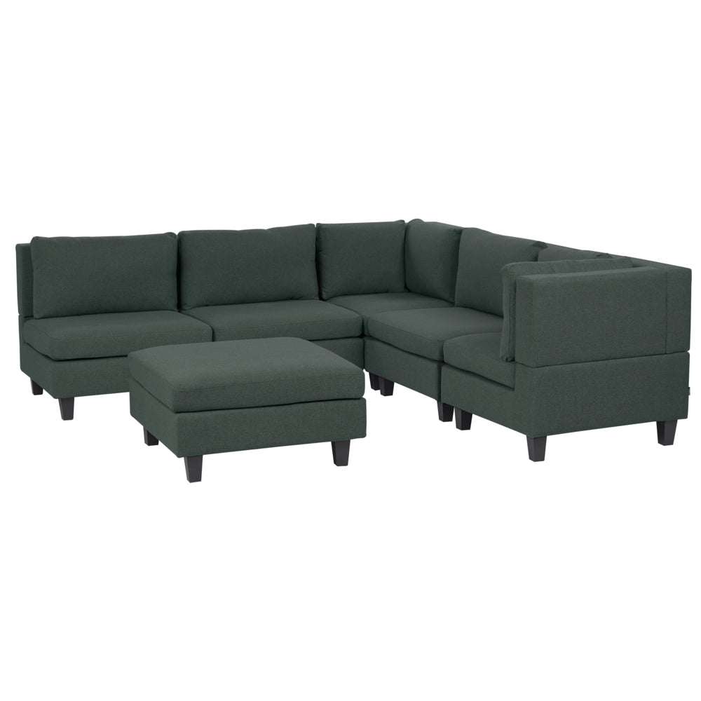 Divano componibile a 5 posti imbottito lato sinistro in tessuto verde scuro con gambe nere e pouf stile moderno
