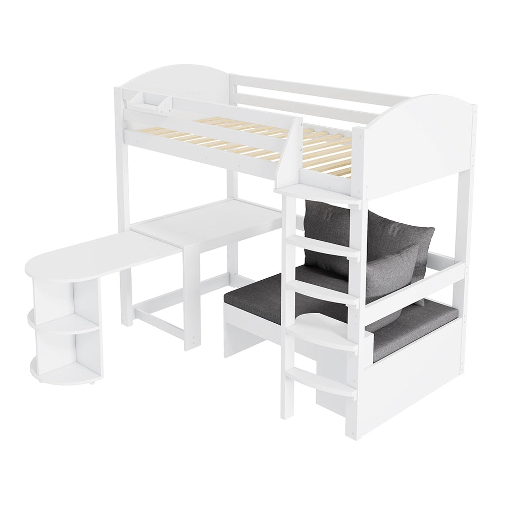 Letto a soppalco 90x200 cm - Xylo - Scala, tavolo estensibile, divano, tre cuscini, scaffali di stoccaggio, bianco