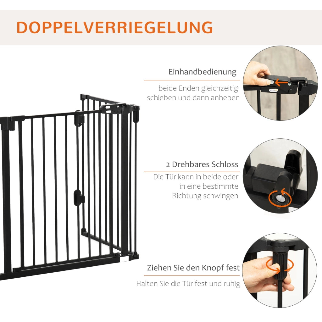 Barriera estensibile a forbice con porta a chiusura automatica 3 pannelli pieghevole in plastica nera 202,5 × 76 cm