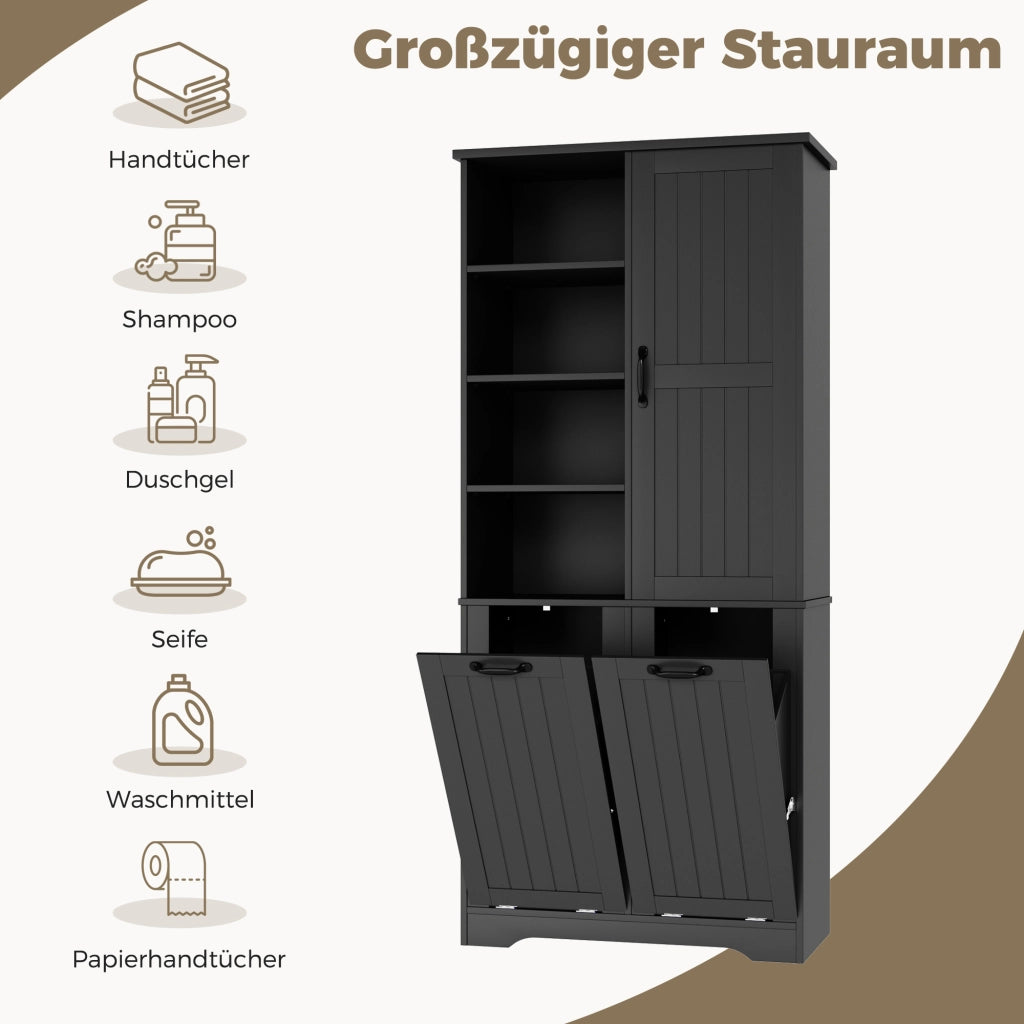 Armadietto da bagno con 1 anta 2 cesti portabiancheria e ripiani regolabili in MDF nero 78 × 35 × 172,7 cm