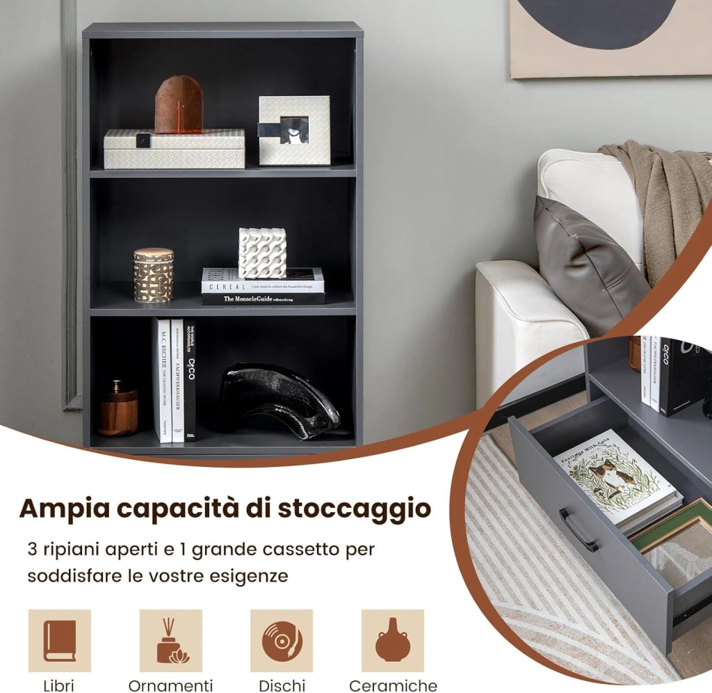 Libreria in Legno con Cassetto, Scaffale di Stoccaggio a 4 Livelli, Scaffale Espositivo per Casa Studio e Soggiorno, 60 x 38 x 120 cm (Grigio)