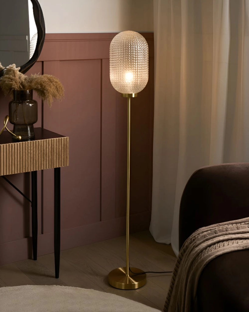 Lampada da terra con base in metallo dorato e paralume in vetro in stile moderno per soggiorno e camera da letto
