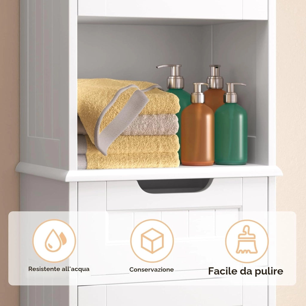 Mobiletto da Bagno Alto con Ripiani Regolabili, Cassetto, Scomparto Aperto, Porte Magnetiche e Protezione Antiribaltamento – 170 x 40 x 30 cm (Bianco)