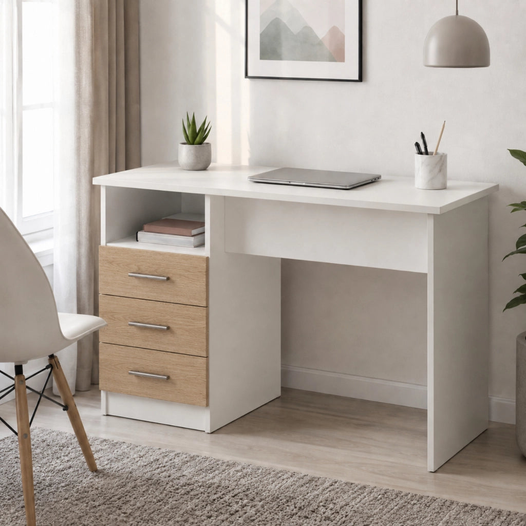 Scrivania Moderna Lipsia Con Cassetti Laterali Mobile Desk Salvaspazio Per Studio Ufficio Cameretta E Soggiorno 120 X 72 X 48 Cm Bianco E Rovere