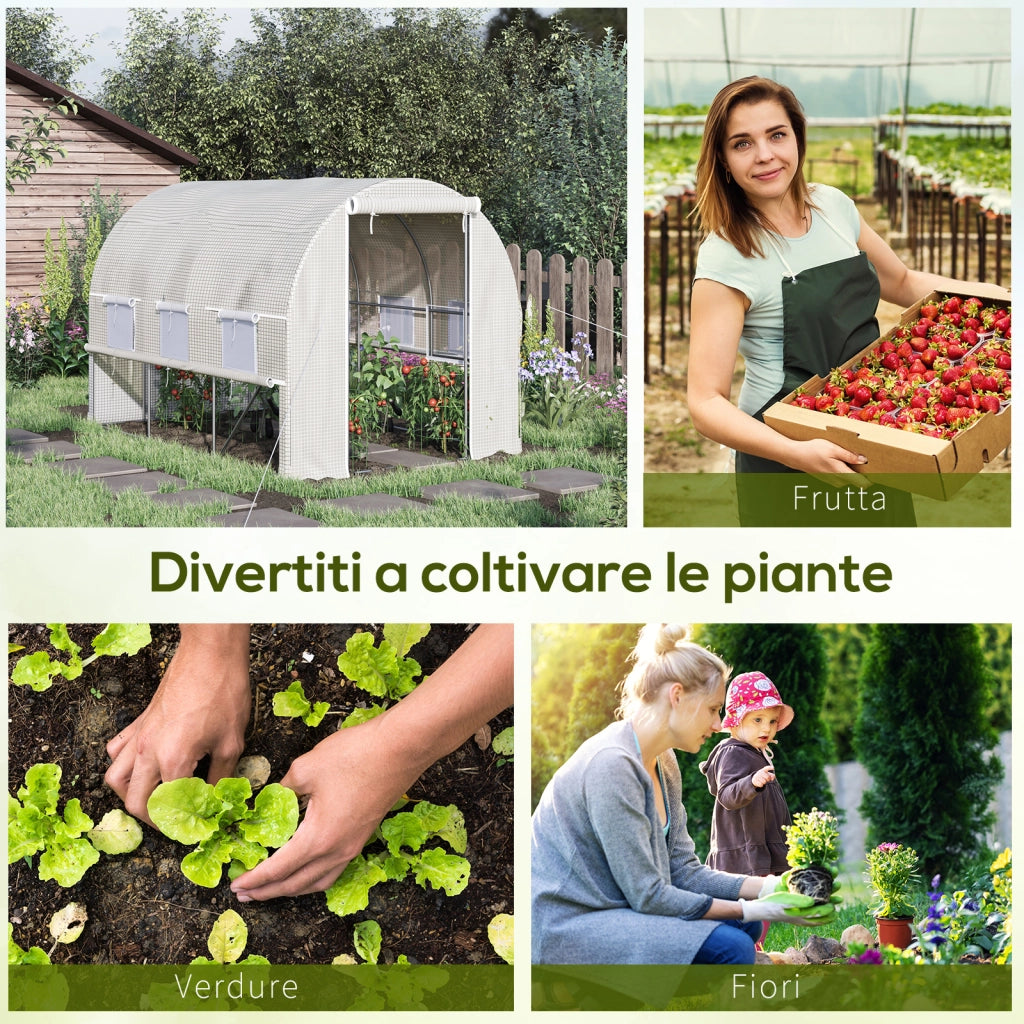 Serra per Orto 3x2x2m in Acciaio e Copertura PE, Porte con Zip e Finestre a Rete, Bianca