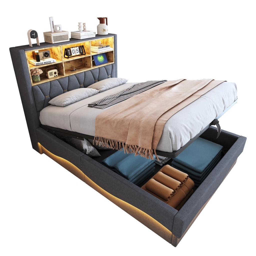 OKWISH Letto Contenitore 140×200 cm, Letto Matrimoniale con LED, USB e Vano a Giorno, senza Materasso, Grigio
