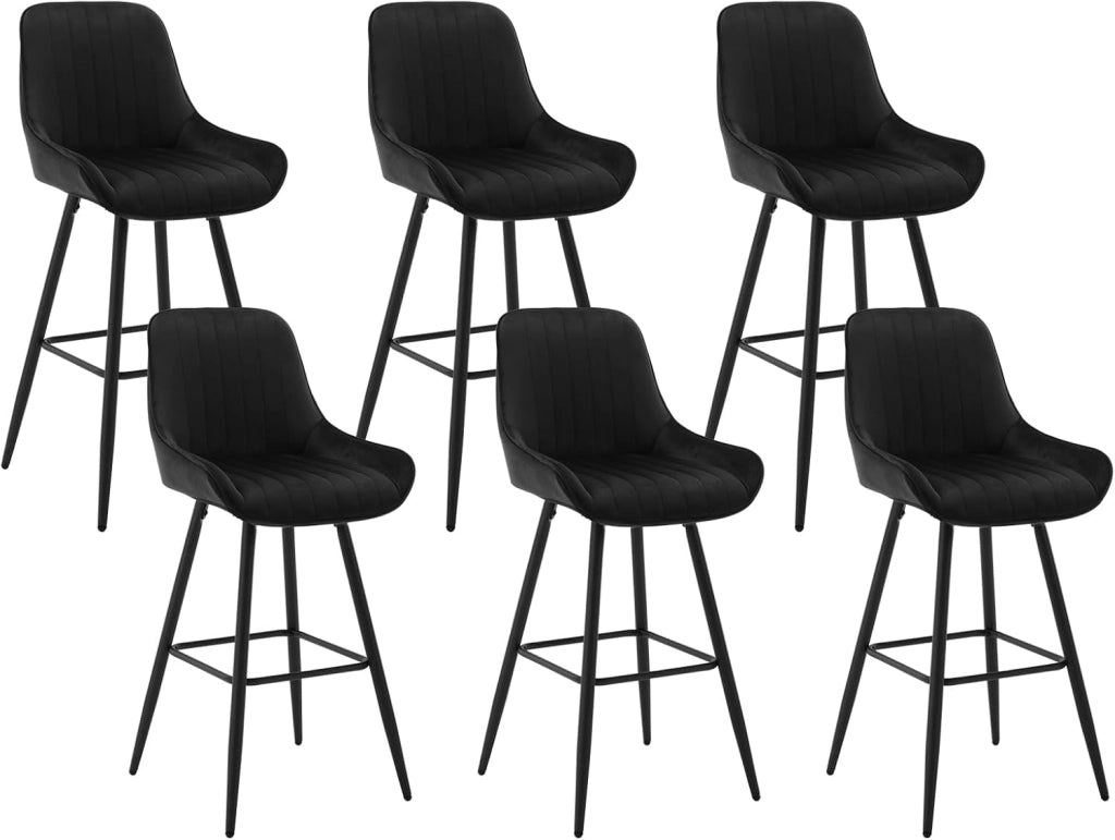 6 Sgabelli Alti da Bar con Schienale, Sedie Moderne con Poggiapiedi Quadrato, Sedie in Velluto Ergonomiche per Bistrot, Altezza Sedile 71cm, Gmabe in Metallo, Grigio scuro, BH394dgr-6