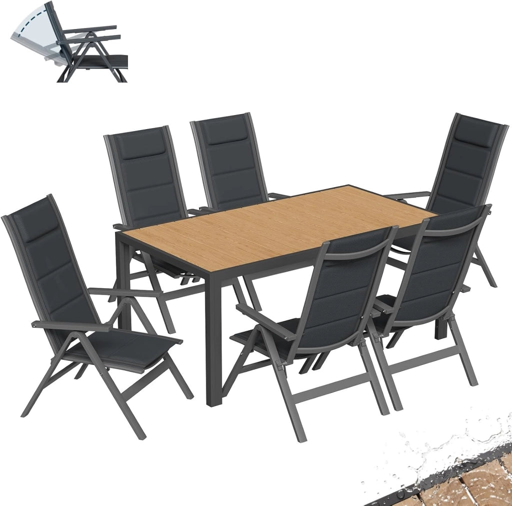 Set Tavolo e Sedie da Giardino 7 Pezzi, Composto da Tavolo 150 cm in Alluminio e 6 Sedie Pieghevoli, Tavolo da Giardino con Finitura a Vena di Legno con Sedie da Terrazza, Balcone, Naturale