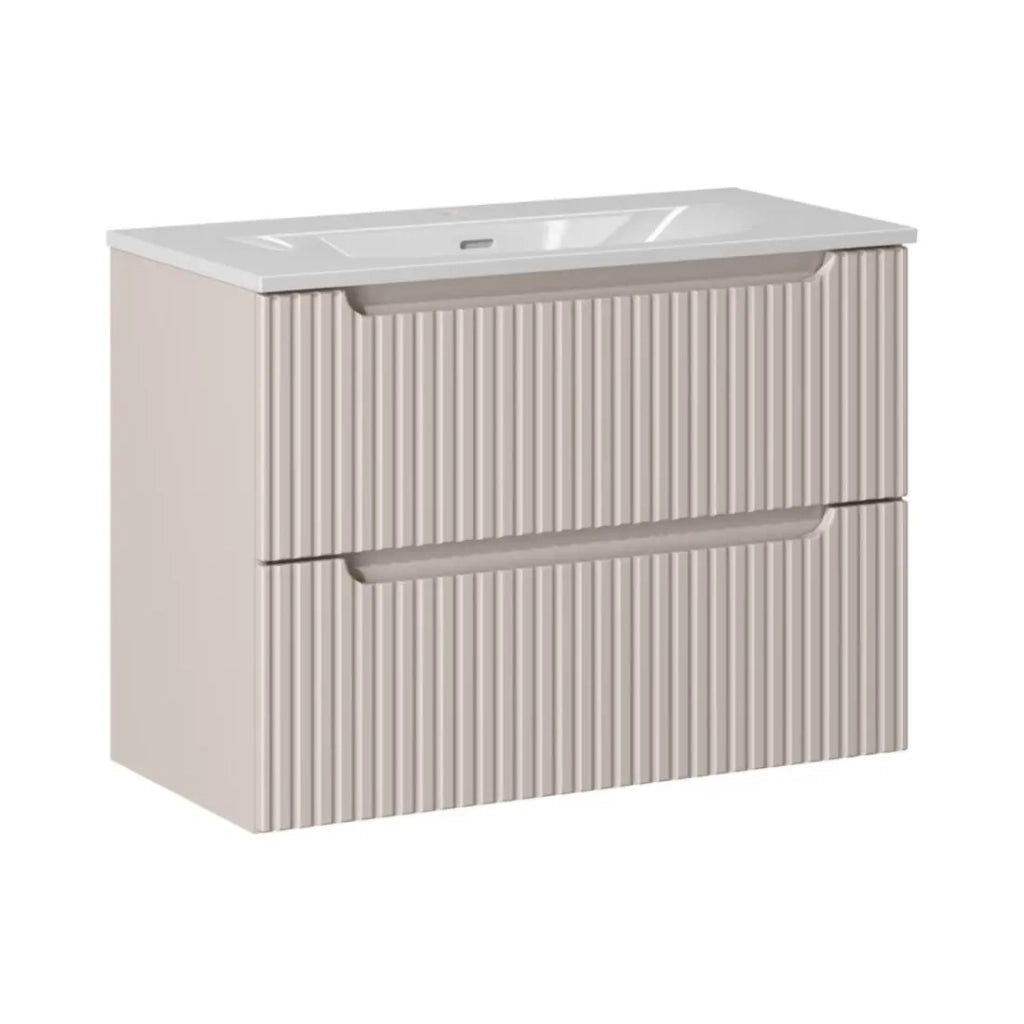 Insieme VANO cashmere e bianco 80cm: mobile sotto lavabo con cassetti scanalati verticalmente + lavabo incassato bianco