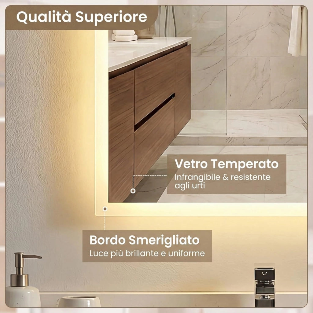 Specchio da Bagno LED 70 x 50 cm, Specchio da Parete Rettangolare con Anti-appannamento, Memoria, 3 Colori di Luce, Dimmerazione Continua e Vetro Temperato Infrangibile (70 x 50 x 3 cm)