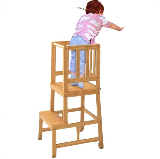 Tavolo di apprendimento per la cucina - Scaffale di apprendimento sicuro con ringhiera a 4 lati - Tavolo di cucina in bambù naturale - 1 anno +