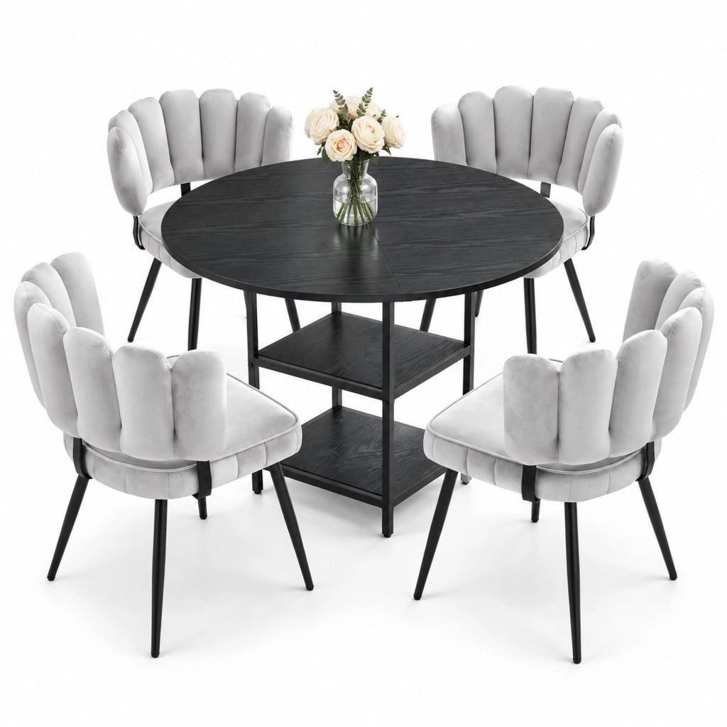 Set tavolo rotondo 107 cm nero MDF con 4 sedie e doppio ripiano