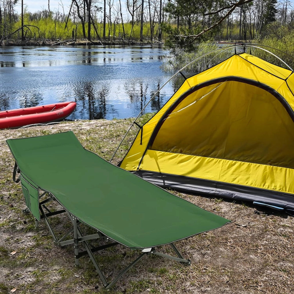 Brandina da Campeggio Pieghevole, Letto Portatile con Poggiatesta Inclinato, Tasca Laterale e Borsa di Trasporto, Branda Campeggio per Backpacking, Ospiti e Pesca, Portata 272 kg