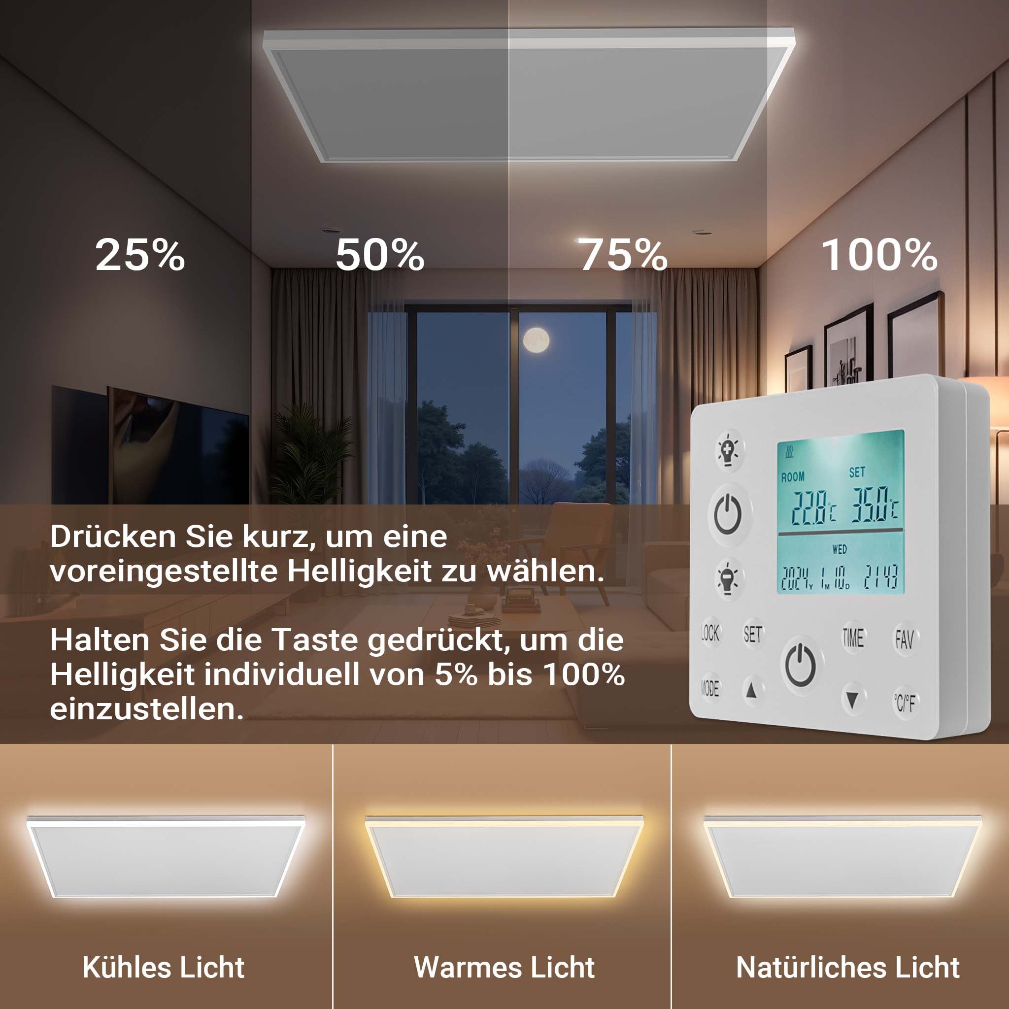 Riscaldamento a soffitto 660 W, pannello per riscaldamento a infrarossi con luce LED e termostato, 108 x 63 x 3,5 cm