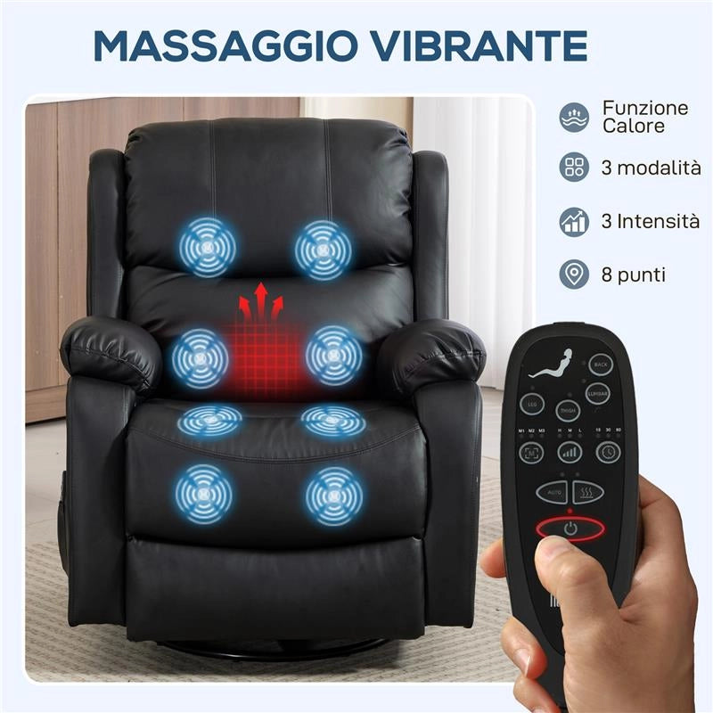 POLTRONA RELAX RECLINABILE CON 8 PUNTI MASSAGGIANTI, RISCALDANTI E POGGIAPIEDI, 87X97X100 CM, NERO