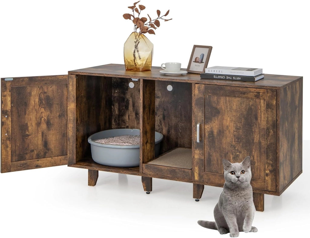 Mobile Lettiera per Gatti con 2 Ante, Armadio per Gatto in Legno con Ingresso Centrale e Tiragraffi, Grotta Rifugio Multiuso per Soggiorno e Camera da Letto, 120 x 52 x 65 cm (Grigio)