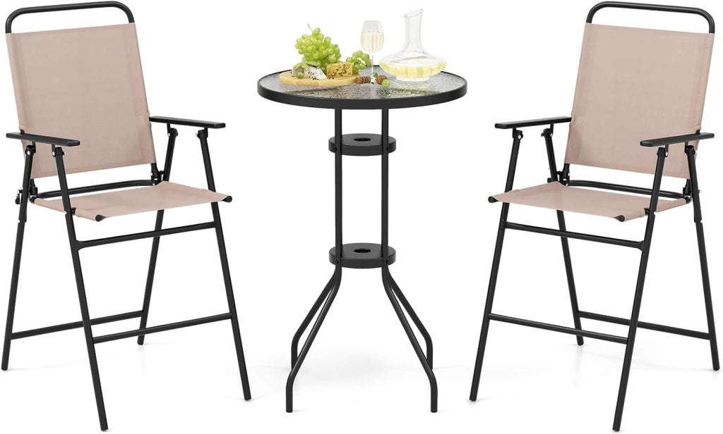 Set Mobili da Giardino 3 Pezzi in Metallo, Tavolo in Vetro e 2 Sedie Pieghevoli, Tavolo da Giardino con Sedie, per Giardino, Portico, Balcone (Senza Ombrello)