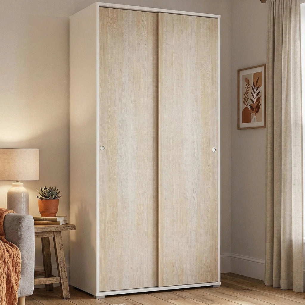 Armadio Camera da Letto Alaysia, Guardaroba 2 Ante 4 Ripiani Made in Italy, 90x195h cm Marrone Rovere