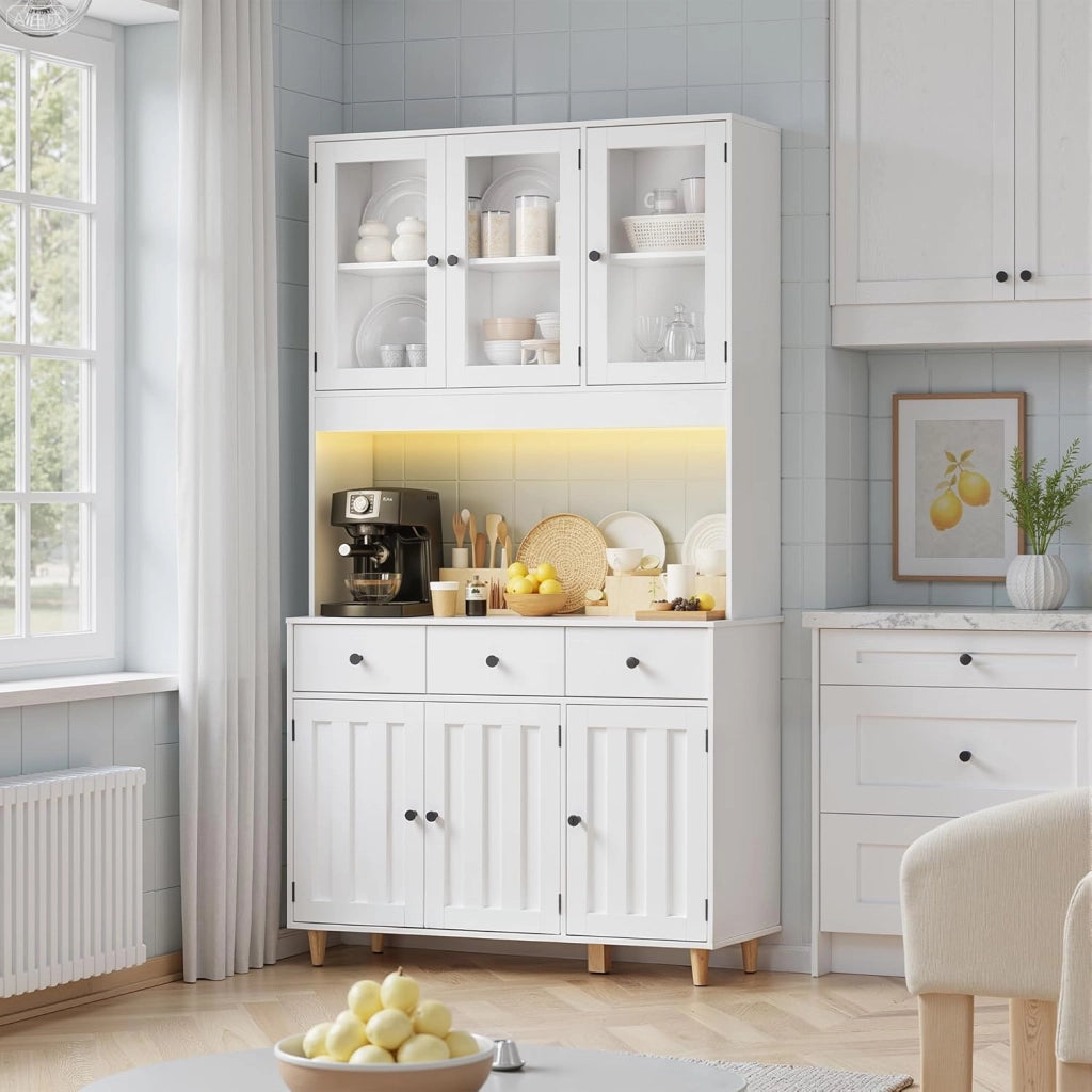 Armadio con piano di lavoro, armadietto a buffet con LED, credenza alta, Armadio per alimenti di grande capacità a 6 ante, 100x38x180cm