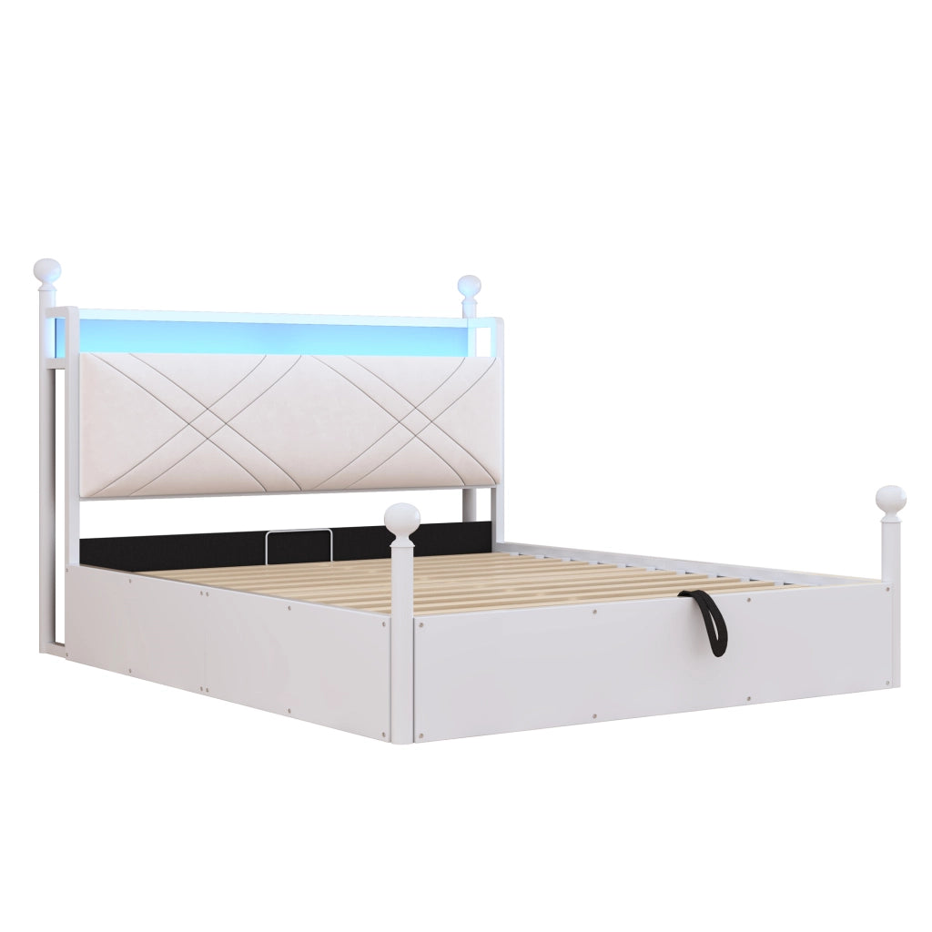 Letto matrimoniale contenitore 140×190 cm con LED; USB e Type-C; testiera imbottita; senza materasso; ferro; bianco