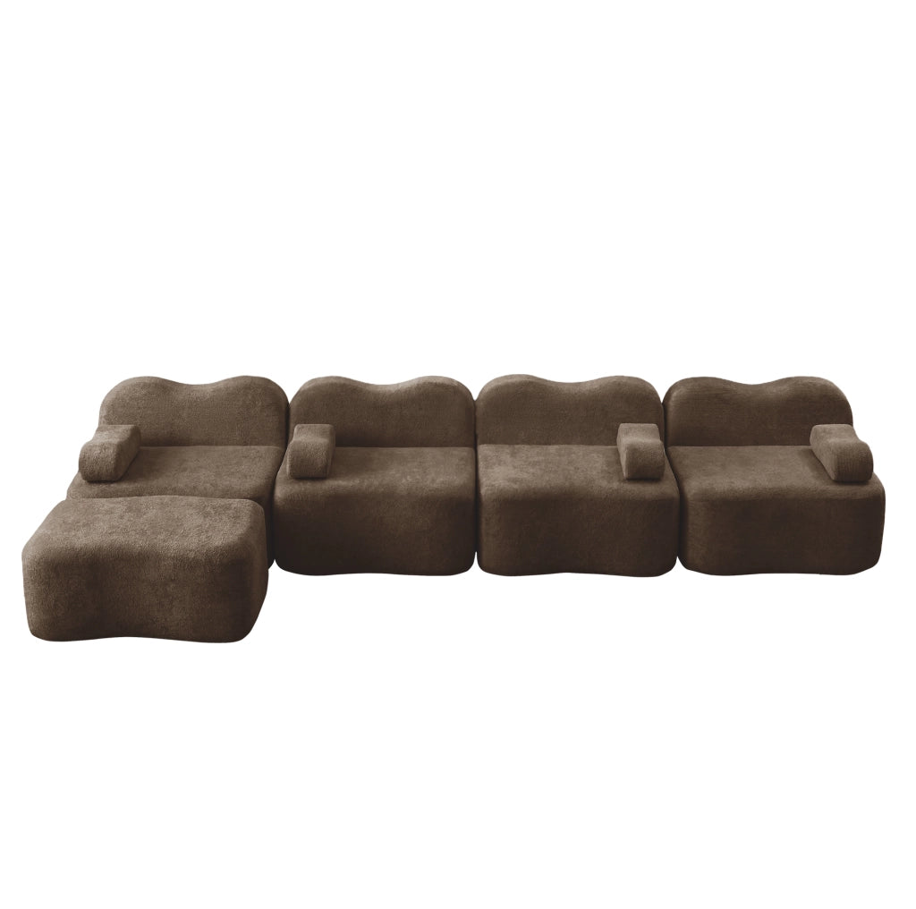 Divano angolare modulare 4 posti con pouf; 384x167x70 cm in velluto marrone
