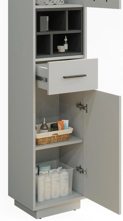 Armadio per il bagno Beatrice, Grigio/antracite, 38 x 190 cm Con ante, cassetti e scomparti, per la conservazione di articoli da bagno e compatibile con Beatrice