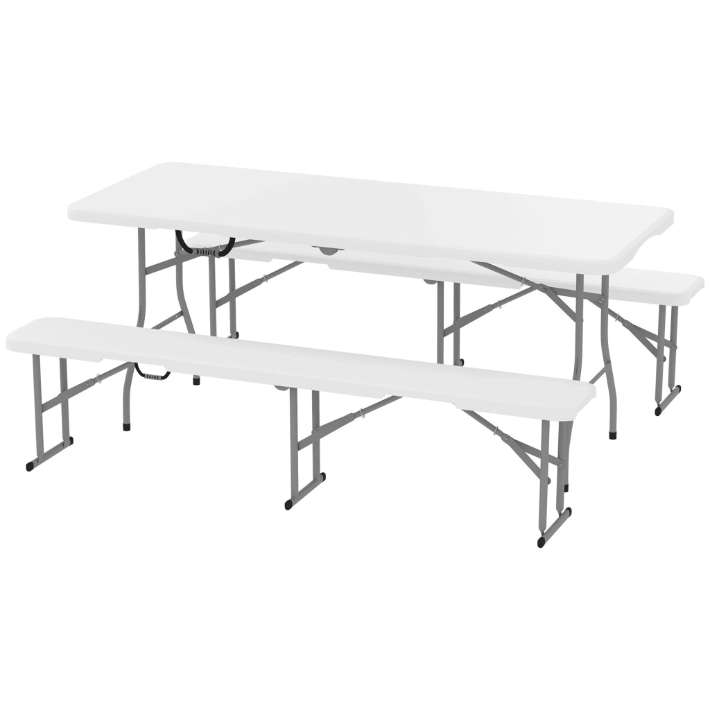 Set da Pic Nic Pieghevole a 3 Pezzi con Tavolo e 2 Panche in HDPE e Metallo, Bianco e Grigio Chiaro