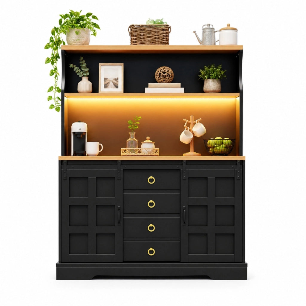 Mobile bar da cucina 120x40x150 cm con LED RGB; prese USB; 4 cassetti in MDF nero