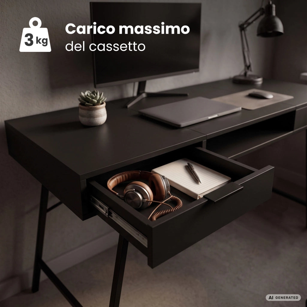 Scrivania industriale per computer Nera ARDEN 120 cm 2 cassetti 1 ripiano gambe nere