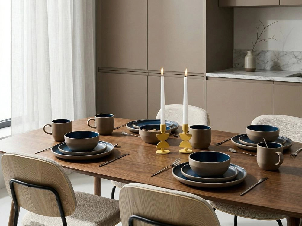 Servizio da tavola 16 pezzi in gres beige e blu elegante per cucina e sala da pranzo con finitura smaltata colorata per 4 persone