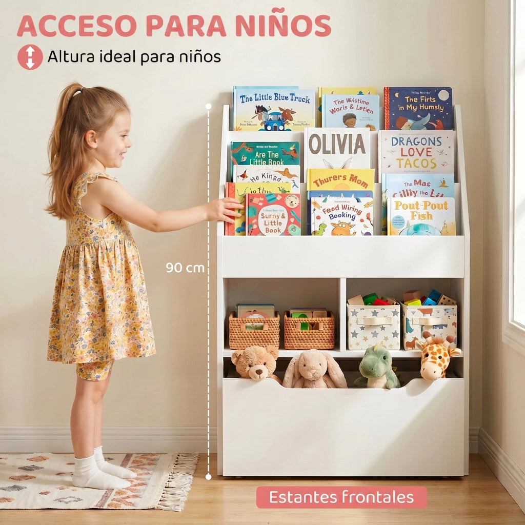 Libreria per bambini in legno con 3 ripiani, 2 cubi e cassetto mobile con ruote ¨C zephmum ¨C Bianco 60x29.9x90 cm