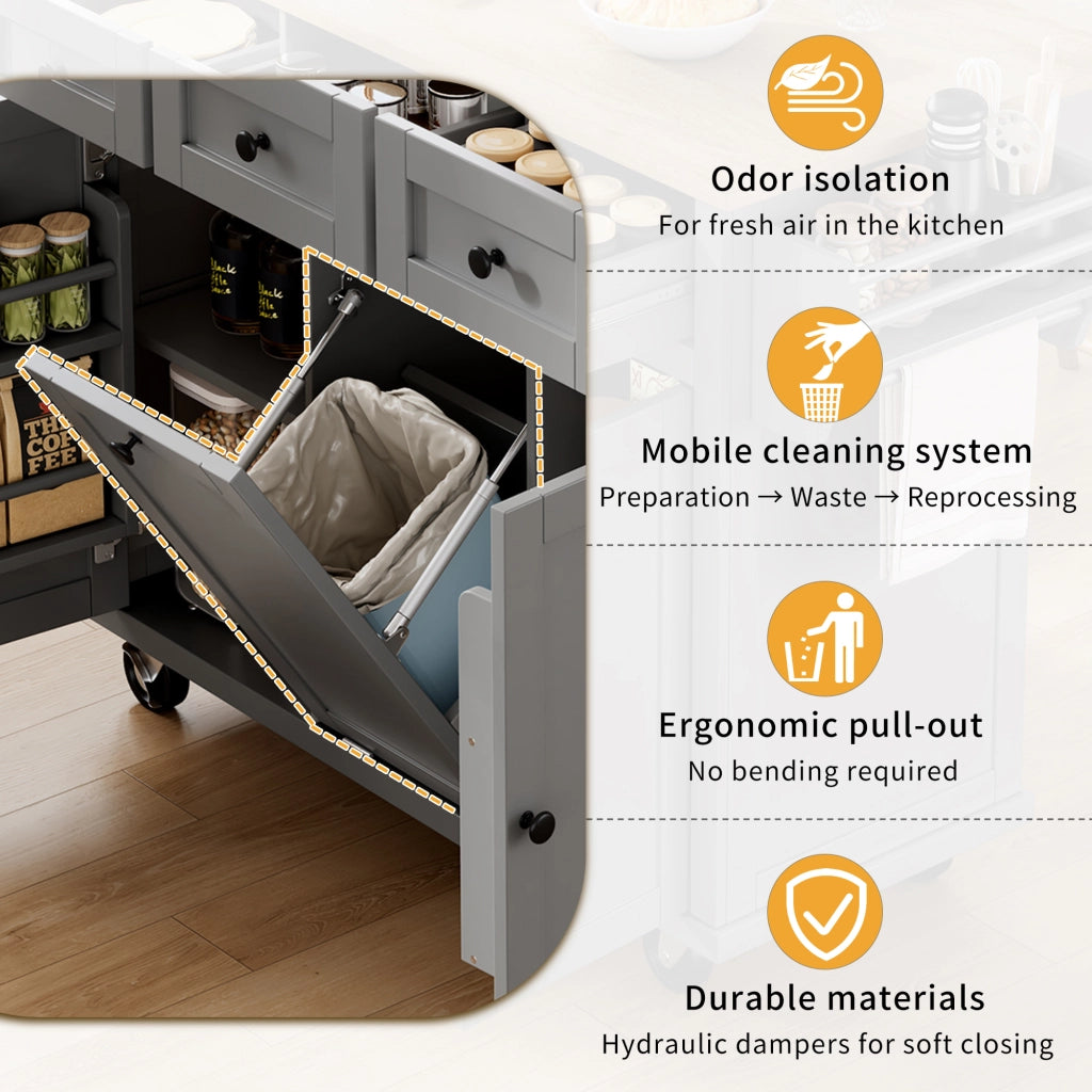 OKWISH Carrello da cucina con 2 cassetti, piano pieghevole, vano per rifiuti e portasalviette, 112 x 46.2 x 92.7 cm