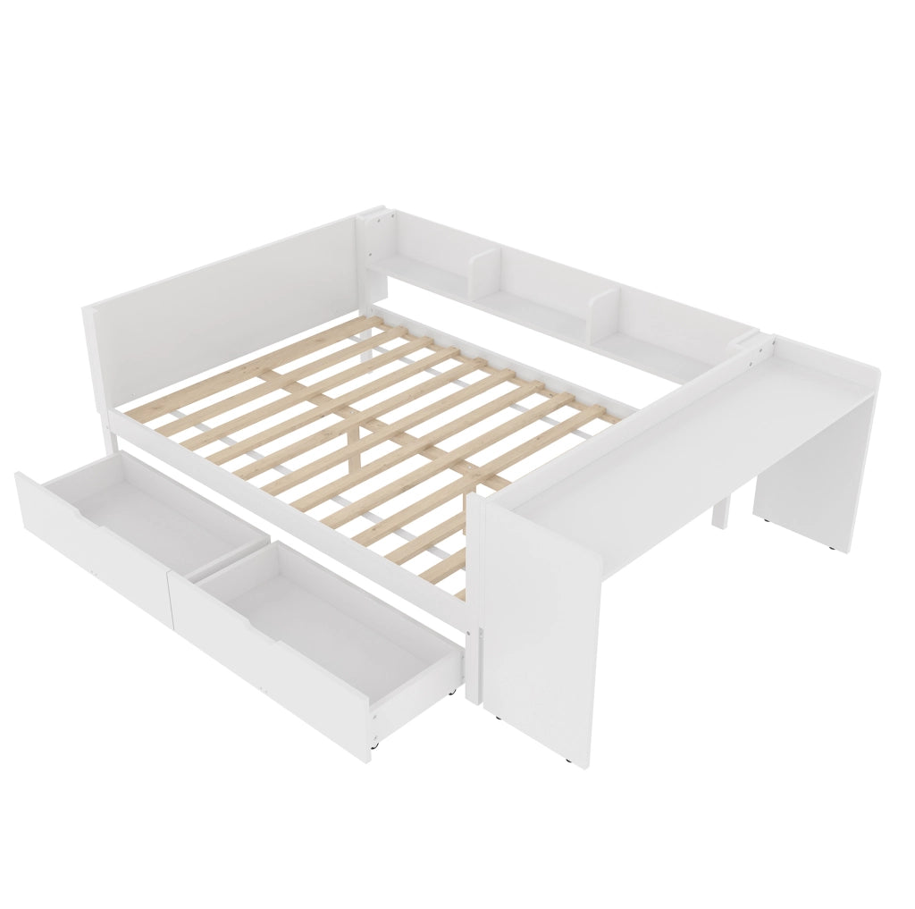 Letto matrimoniale con scrivania ULEVR 140x200 cm, 2 cassetti e 3 ripiani, bianco
