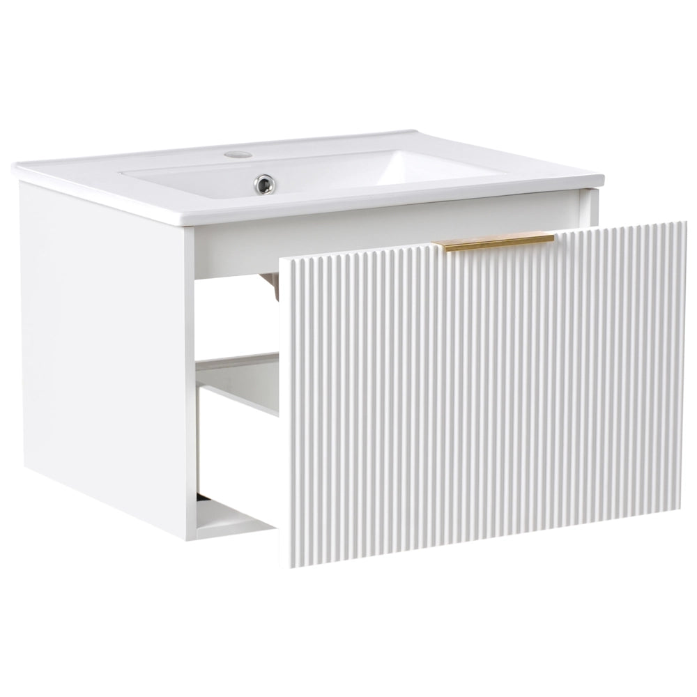 Mobiletto a muro con lavabo in legno massiccio Bianco con maniglia dorata per il bagno 60 cm stile moderno