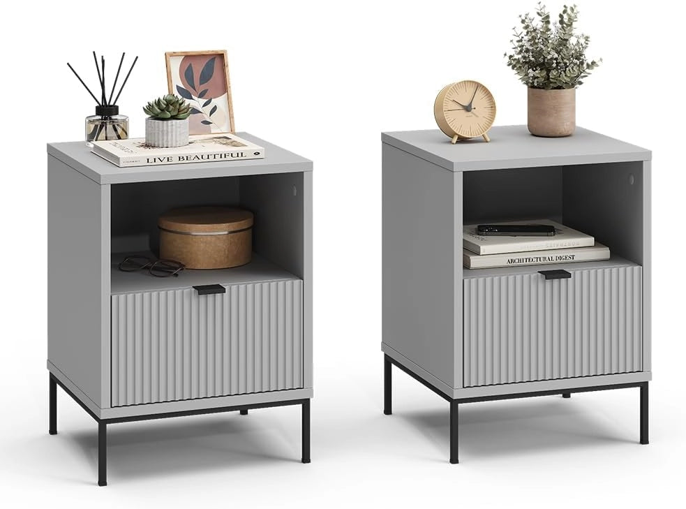 Comodino Eliza, Grigio, Set di 2, utilizzabile come superficie d'appoggio accanto al letto o al divano